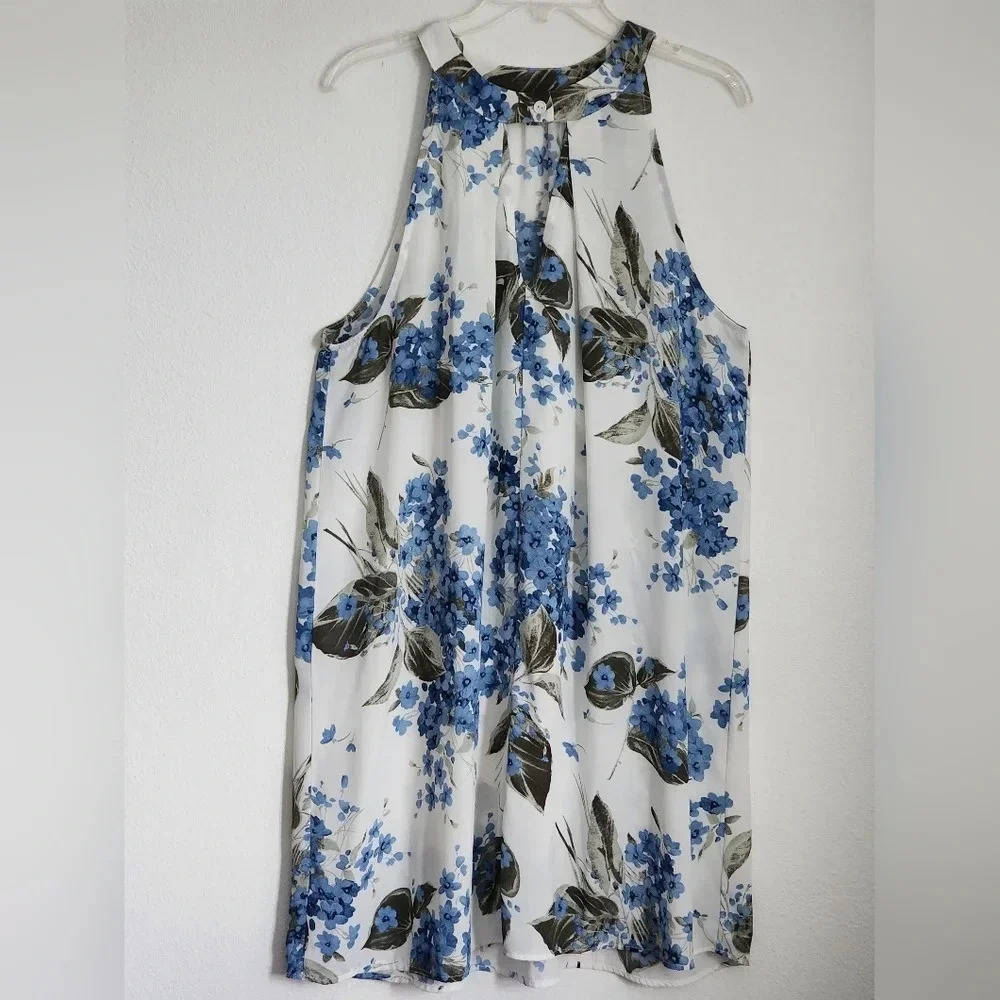 Janette Plus Sleeveless Keyhole Tank Dress Blue & White Sheer No Lining 1X (EUC)